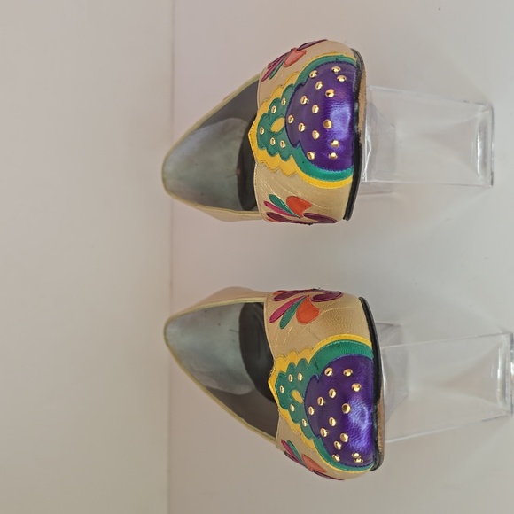 Vintage 1980's Margaret Jerrold Leather Pumps Gold-Multi Artsy Deco - Picture 7 of 10